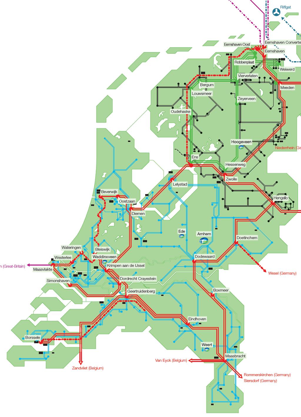 Figuur 2 De verschillende hoogspanningsverbindingen in Nederland op 31-12-2012 (bron: TenneT, 2013).