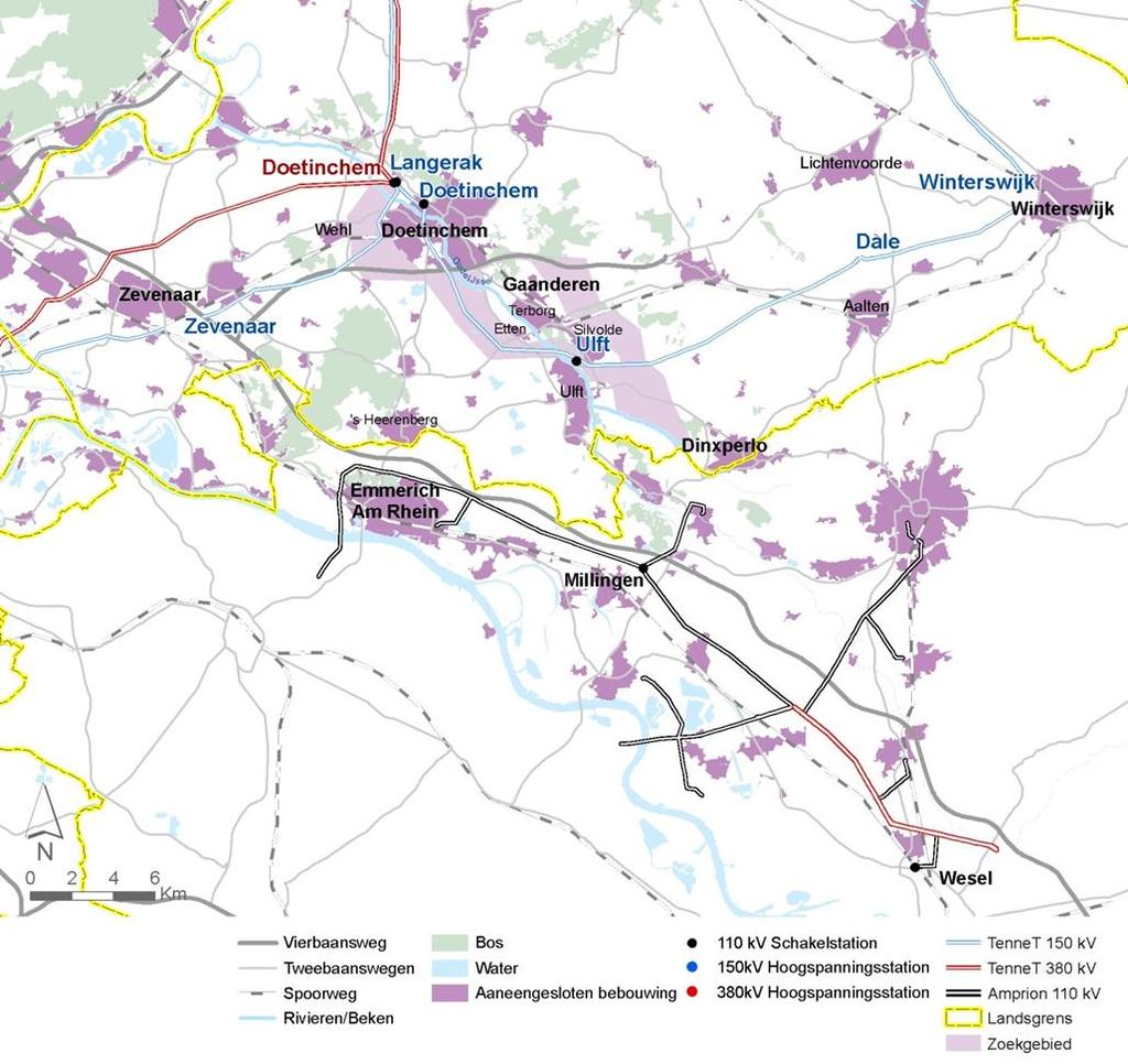 Figuur 9 Bestaande hoogspanningsverbindingen en hoogspanningsstations in de omgeving van Doetinchem en Wesel. 2.