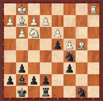 b4 en kreeg na Da4+ prima spel. Mogelijk had 9.Pc6 in plaats van Lc6 wat meer lucht gegeven. Nu werd pion d4 doelwit. Uiteindelijk bezwijkt zwart in moeilijke stelling met 19 Pe6 (zie diagram).