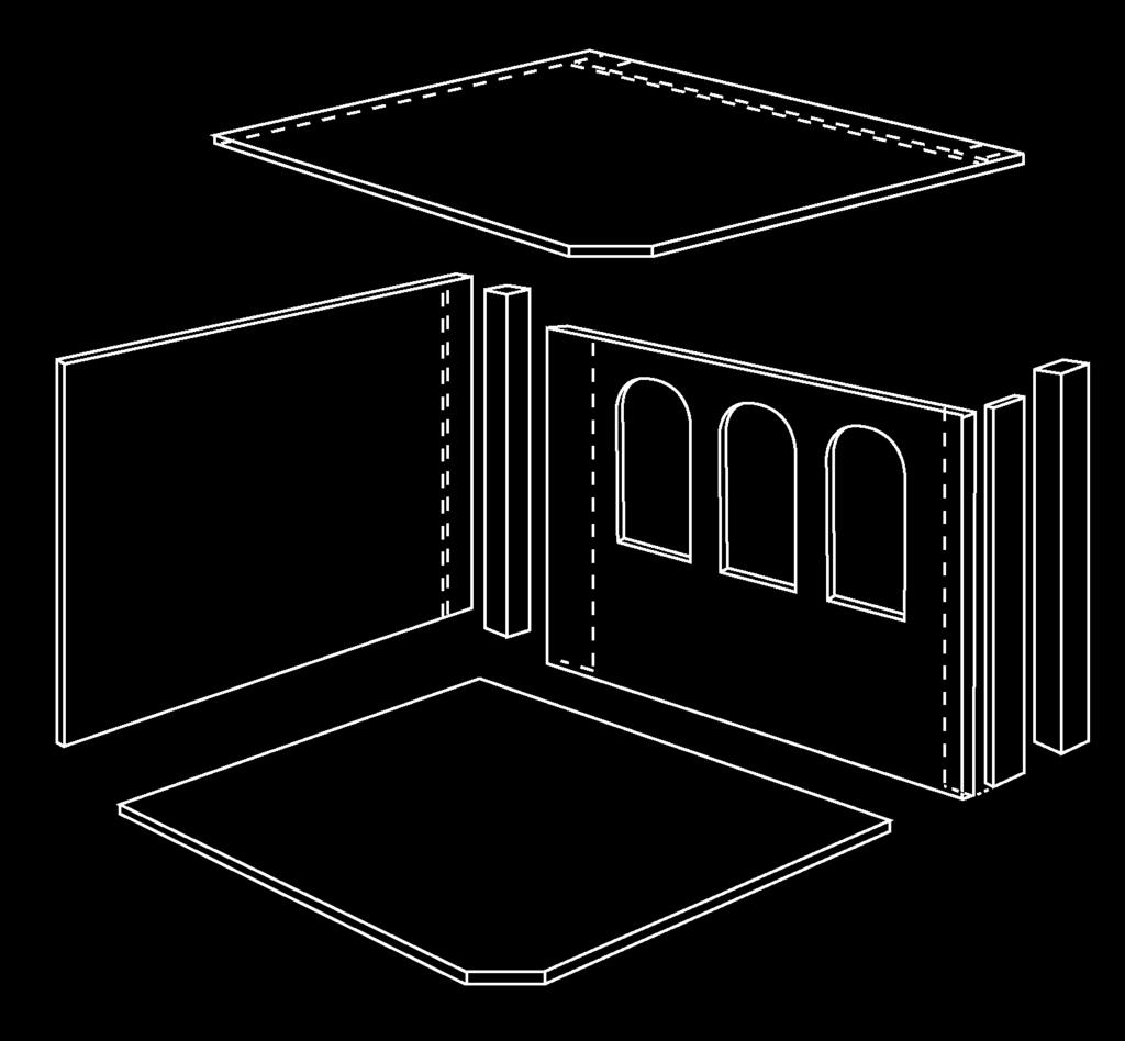 achterwand 202 x 193 x 2 () 1 x zijwand 153 x 193 x 3 () 2 x steun 193 x 10 x 10 () 1 x strip 193 x 10 x 3 () 1 x dak 205 x 154 x 2 () 1 x profiel 186 x 16 x 7 (G1) 1 x profiel 135 x 16 x 7 (G2) 1 x