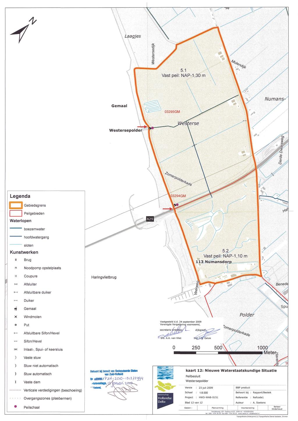 Legenda Gebiedsgrens Peilgebieden Waterlopen boezemwater hoofd watergang sloten Kunstwerken Brug Noodpomp opstelplaats n Coupure Afsluiter " ^^ Afsluitbare duiker '-< Duiker 4 Gemaal Windmolen e Put