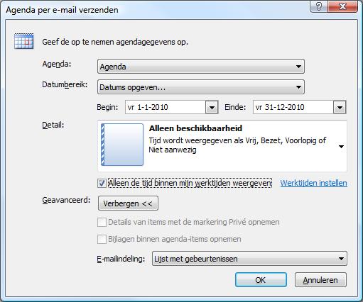 Momentopname agenda versturen Vanaf Outlook 2007 kan eenvoudig een (deel van een) agenda verzonden worden naar derden, zonder volledige details te moeten delen,