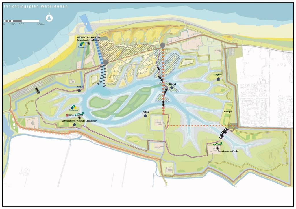 Inrichtingsplan Waterdunen O 100 200 400m N A \ INFOPUNT MOL! Gemaal zoetwati \ I, 'f' 1 I- *» (f m A jr Muleiateti U :**"lil!