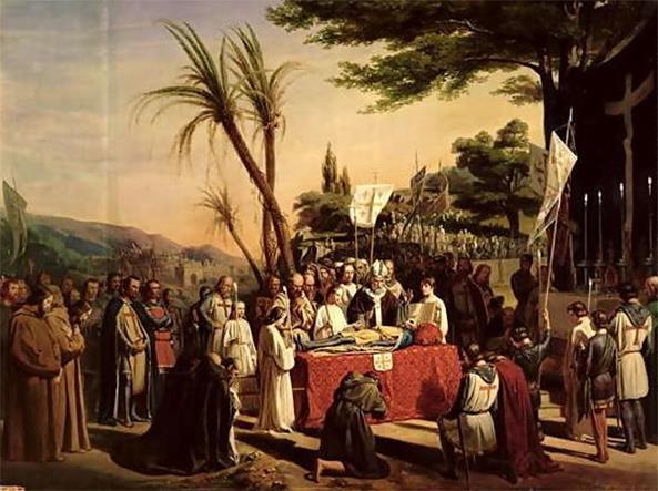 De begrafenis van Godfried van Bouillon in Jeruzalem, 23 juli 1100. Godfried van Bouillon was van plan naar huis te gaan, maar hij stierf in 1100, na een veldtocht tegen de stad Damascus.