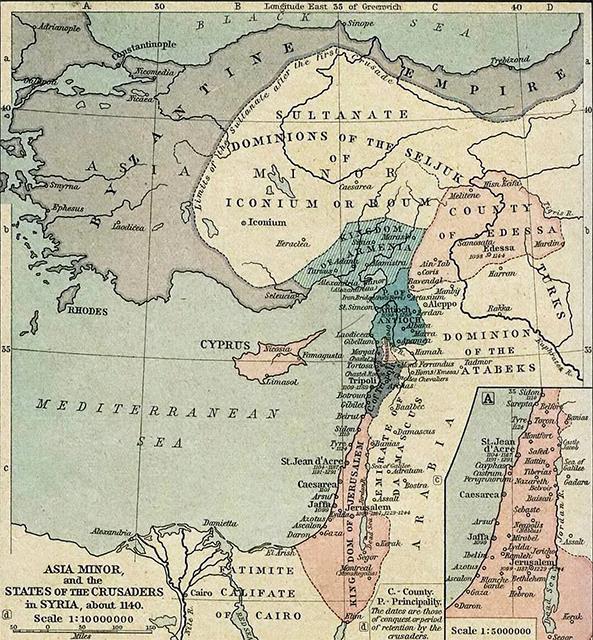 Kaart van Klein-Azië met de Kruisvaardersstaten ten tijde van de Tweede Kruistocht. Het lot was de kruisvaarders die keer slecht gezind. Het leger van Koenraad III werd vernietigend verslagen.