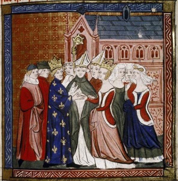Op de afbeelding het huwelijk tussen Lodewijk VII, koning van Frankrijk en Eleonora, hertogin van Aquitanië. Kort daarop hoorde hij dat Bohemund van Antiochië zijn vrouw Eleonora had ingepalmd.