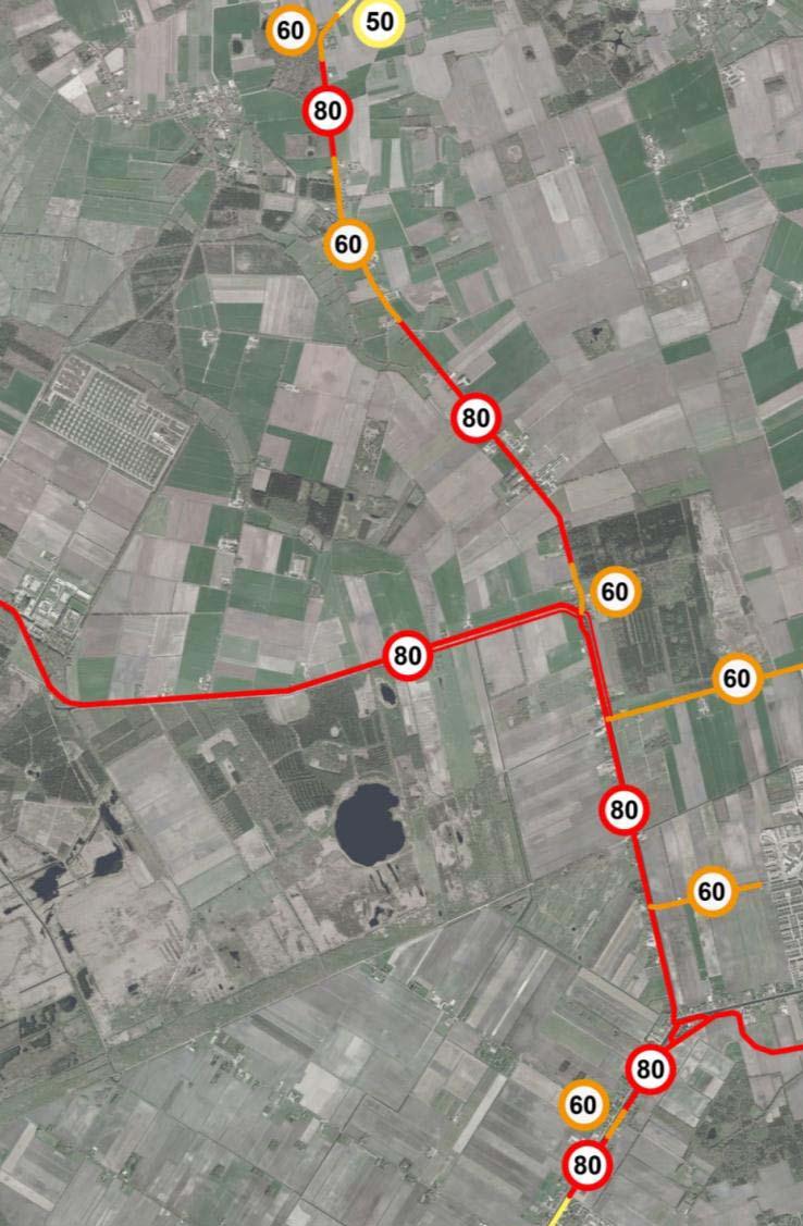 SNELHEIDSREGIMES Doorgaande route, vooral 80 km/u; Zijwegen en in bebouwde kom