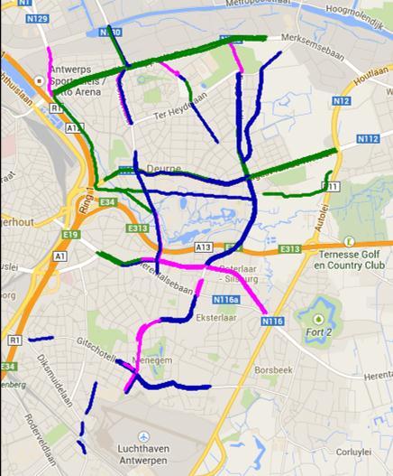 Cartografisch kan de globale score als volgt gevisualiseerd worden: Figuur 7: Globale evaluatie van de meetfiets voor Deurne (Data op gemeentelijk niveau, menu 1 3.