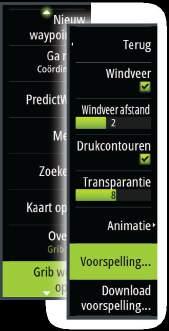 Wanneer de GRIB-weeroverlay is geselecteerd, wordt het kaartmenu uitgebreid met de beschikbare weeropties.