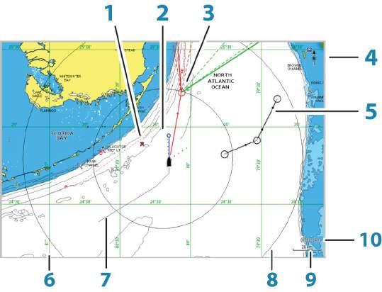 4 Kaarten De kaartfunctie toont de positie van uw vaartuig relatief ten opzichte van land en andere kaartobjecten.