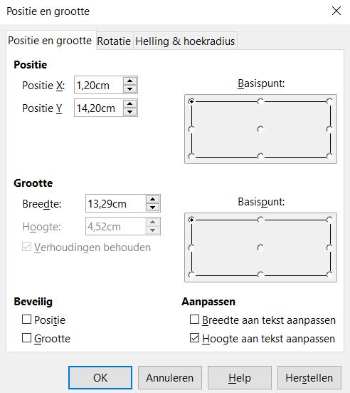 7) Voor nauwkeurige controle over het plaatsen, de afmetingen en de draaihoek van een tekstvak, gebruikt u het dialoogvenster Positie en grootte (Afbeelding 6) of het gedeelte Positie en grootte op