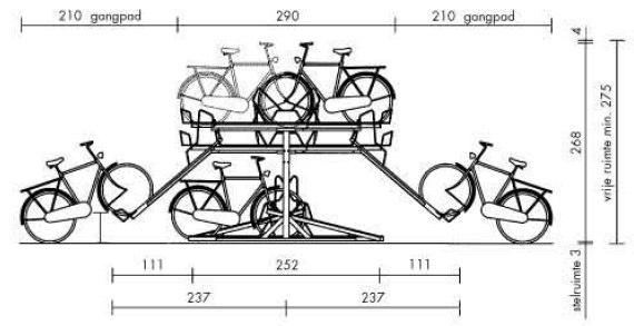 Er is gekozen voor een dubbelzijdig etagerek (artikelcode: M155/15/16) voor in totaal 31 fietsen op ca. 9 m 2. De etagerekken zijn eigen (technische) ontwerpen van JKN.