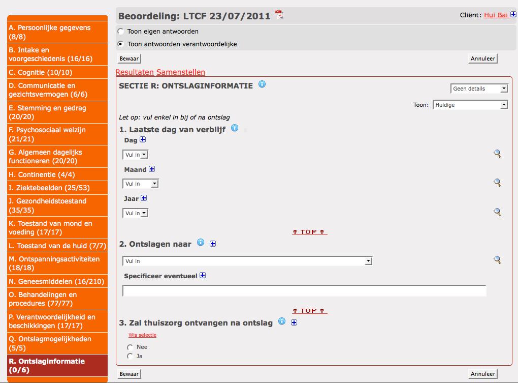 Linker menu van een volledig samengestelde beoordeling (uitgezonderd