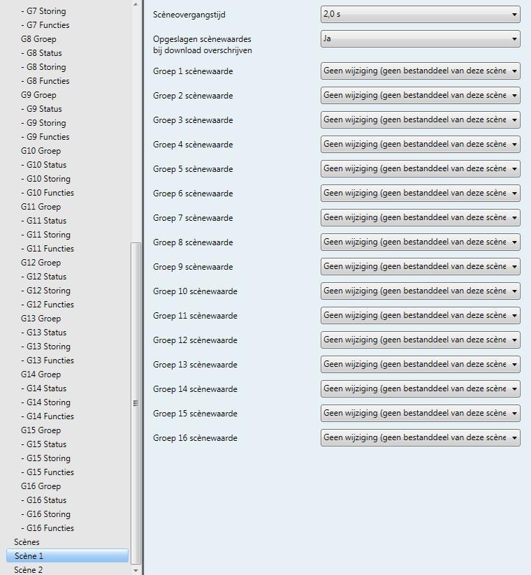 ABB i-bus KNX 3.2.4.1 Parametervenster Scène x In het parametervenster Scène x (x = 1, 2 14) worden de algemene instellingen voor de lichtscènes uitgevoerd.