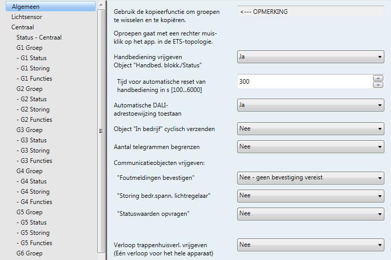 ABB i-bus KNX 3.2.1 Parametervenster Algemeen In dit parametervenster worden overkoepelende parameterinstellingen uitgevoerd, die relevant zijn voor alle DALI-lichtregelaars.