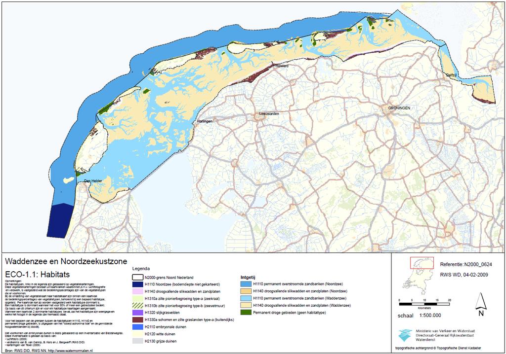 Tabel 5.1 Habitattypen van de Waddenzee (gebaseerd op (Janssen et al. 2014)) Habitattypen Oppervlakte (ha) Water H1110A Permanent overstroomde zandbanken (getijdengebied) 143.