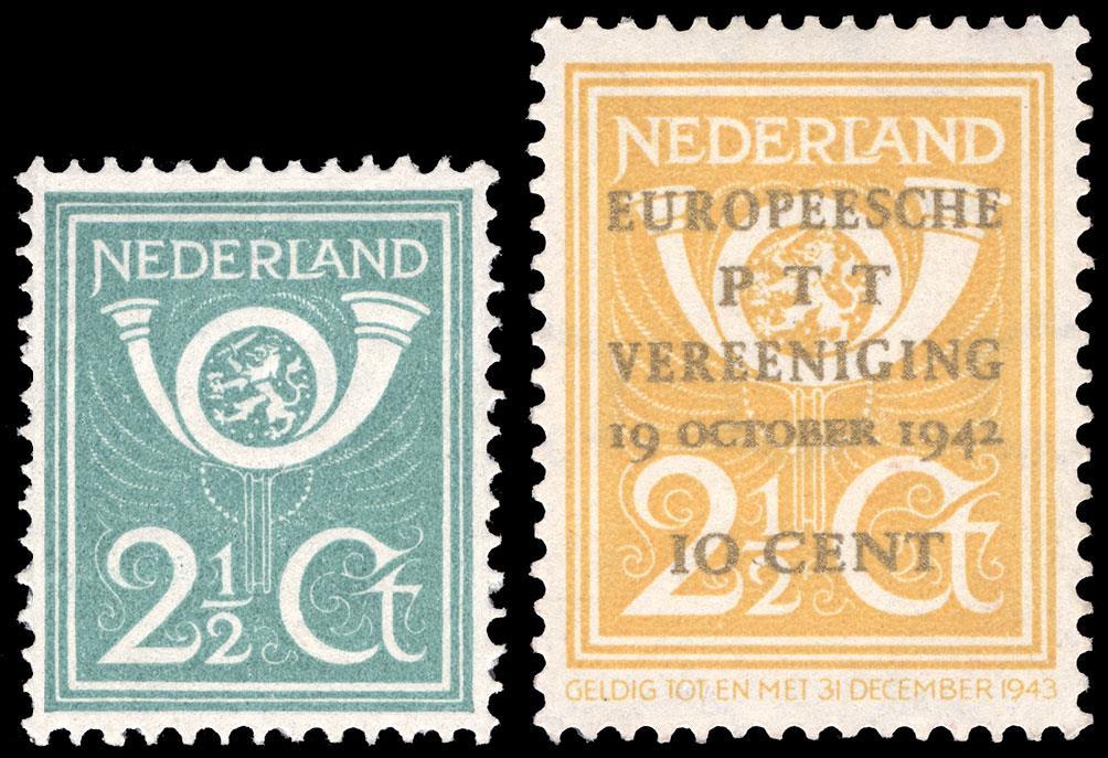 Linksboven; Links de zegel met de posthoorn van S.H. de Roos uit de kunstenaarsserie.