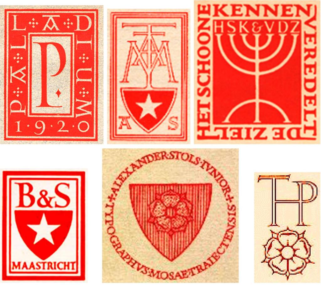 Van Krimpen ontwierp onder meer deze logo s voor de uitgevers: Palladium (linksboven; voor de Palladium boekenserie, gebruikt vanaf 1921), de Trajectam ad Mo