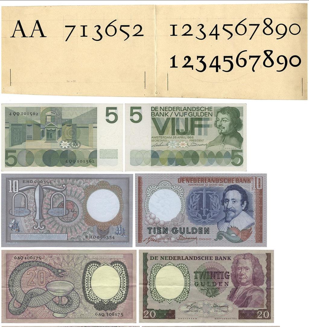 lettertypen duidelijk naar voren komen. De letters en cijfers voor deze bankbiljetten zijn eveneens van de hand van Van Krimpen.