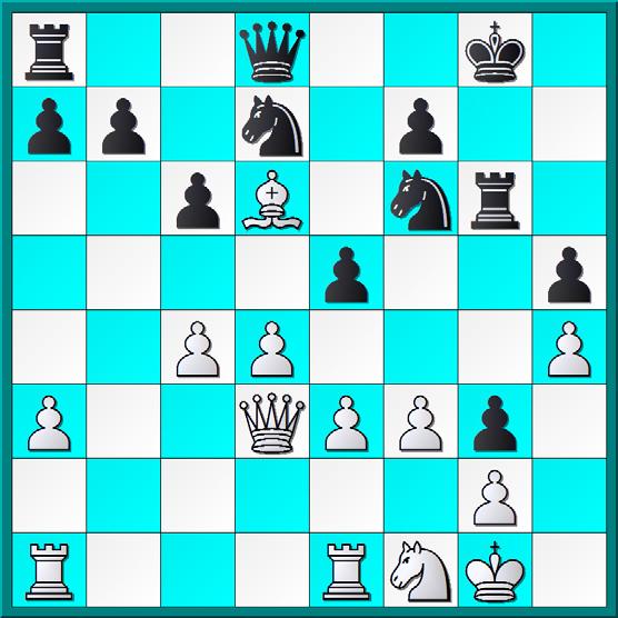 h4 g3 Als gevolg van wat zwakkere zetten van Wit heeft Zwart nu aanval verkregen. 14.f3 Lb4 15.Lb2 Tg8 16.Ld3 Lxd3 17.Dxd3 Tg6 18.a3 Lxc3 19.Lxc3 Kf8 20.Ld2 Op 20.e4 zou 20...dxe4 21.fxe4 Df4 volgen.