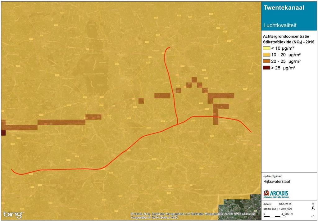 Figuur 10-2: Achtergrondconcentraties (GCN) NO2 in Huidige situatie 2016 Direct langs het Twentekanaal bedraagt de achtergrondconcentratie NO2