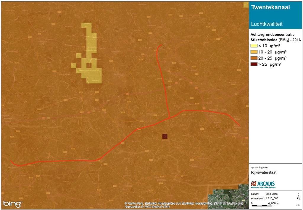 Ten noordwesten van het Twentekanaal ligt op circa 6,5 km een locatie (km 2 ) waar de achtergrondconcentratie circa 25,1 µg/m³ bedraagt.