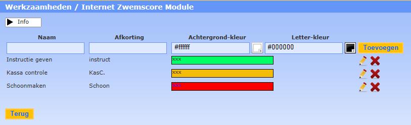 Werkzaamheden Hier maakt u de werkzaamheden aan die in het rooster gebruikt kunnen worden. Per werkzaamheid kunt u een kleur instellen (achtergrondkleur en kleur van de letter).