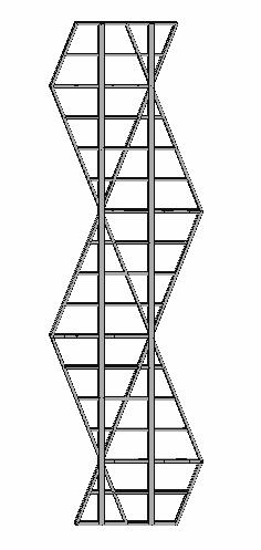 Variant 2A: Figuur 4-71 Vervormingen van de megastructure met parallelle diagonalen (variant 2A) door verticale belastingen (100 maal vergroot) Anders dan bij de concepten met een stijve kern of een