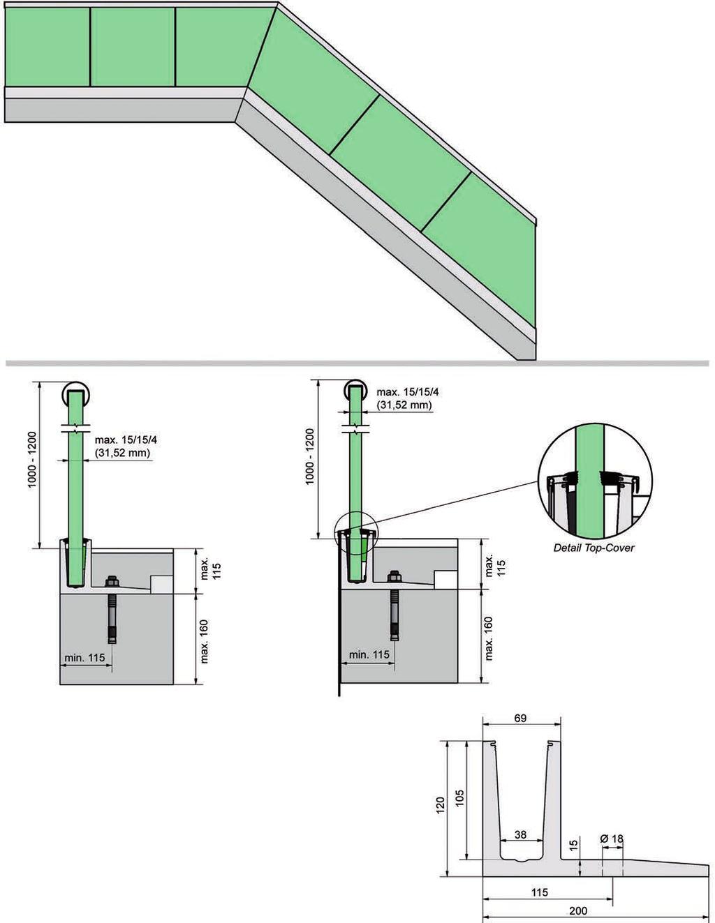 TL-30 Topmontage 3,0 kn/mtr. Top-Cover voor fraaie afwerking met plaatmateriaal van 3 mm, 10 mm of 20 mm.