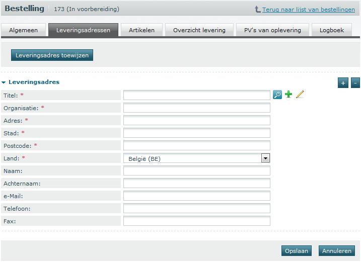 6.3.2 Bestelling: tabblad Leveringsadressen 6.3.2.1 Leveringsadres aanmaken Op het tabblad leveringsadressen kan je één of meerdere leveringsadressen voor deze bestelling ingeven.