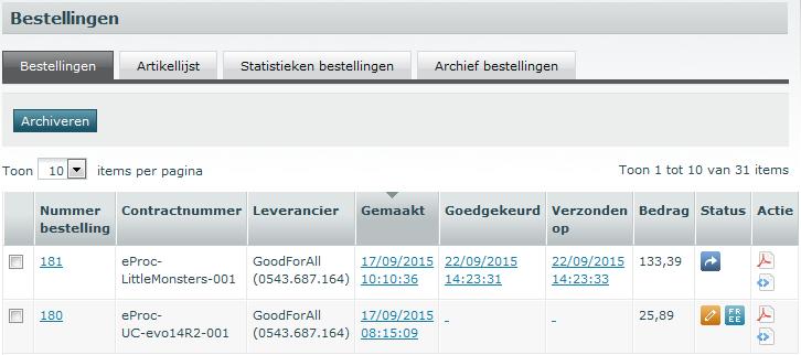8.5 Bestellingen archiveren 8.5.1 Bestellingen archiveren Het is mogelijk om bestellingen te archiveren: de gearchiveerde bestellingen verdwijnen van het tabblad Bestellingen, en worden op het