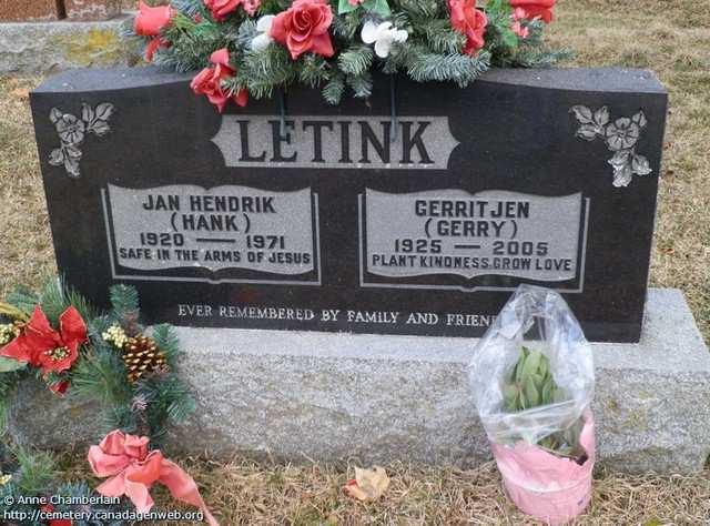 the chapel on Wednesday at 1:30 p. m. Interment to follow Mount Hope Cemetery. Flowers greatly appreciated. 1. Johanna (Joanne) Letink, geboren op 29-05-1951, overleden op 25-07-2013 te Hamilton op 62-jarige leeftijd.