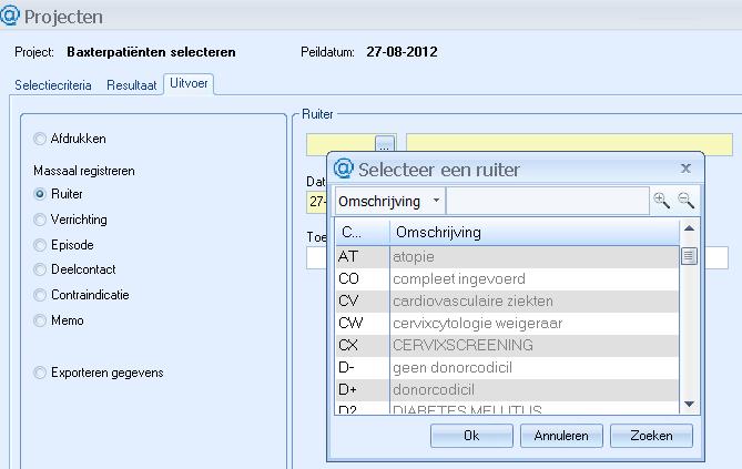 Ruiters Door op het vierkantje achter het veld met codes voor ruiters te klikken verschijnt de bijbehorende selectielijst. Hier kan een keuze worden aangeklikt.