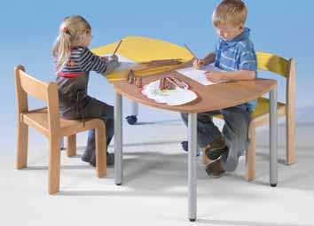 De in hoogte verstelbare tafels kunnen naar wens en grootte van de kinderen snel worden aangepast. De tafelbladen zijn voorzien van een melamine toplaag en afgewerkt met een ABS-rand in decor beuken.