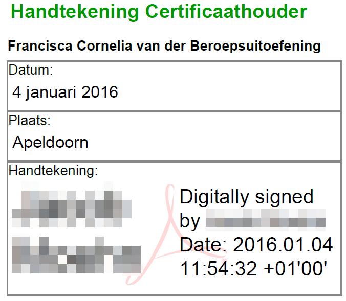 De handtekening is ook zichtbaar in de PDF in het handtekening blok van het formulier.