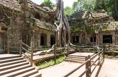 Siem Reap. Een aantal van de tempels is nog steeds bedekt met jungle.