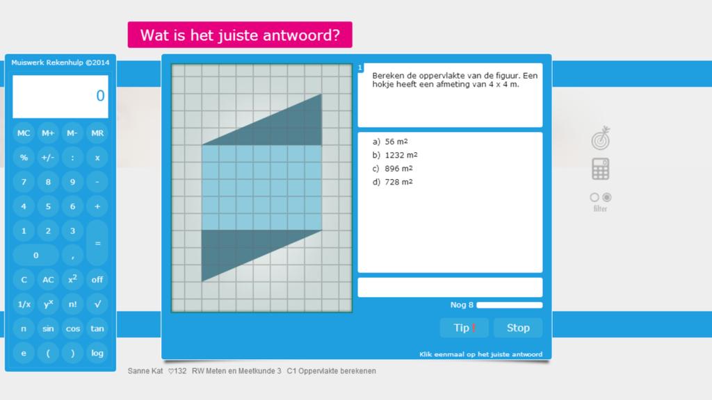 Oefening C1 - Oppervlakte berekenen door hokjes tellen. De dubbele bewerking uitrekenen met hokjes en daarna omzetten naar cm 2 is kenmerkend voor het 2F en 3F niveau.