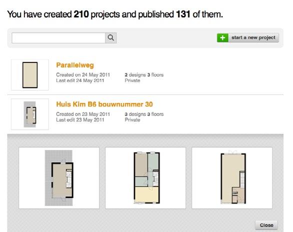 Klik op de thumbnail van een ontwerp om het project te laden en het ontwerp direct in de teken mode te openen.