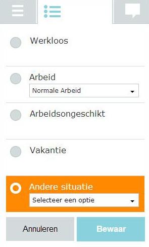 Voer een situatie in, en eventueel een sub-situatie met behulp van de keuzemenu s die beschikbaar zijn onder de knoppen «Arbeid» en «Andere situatie».