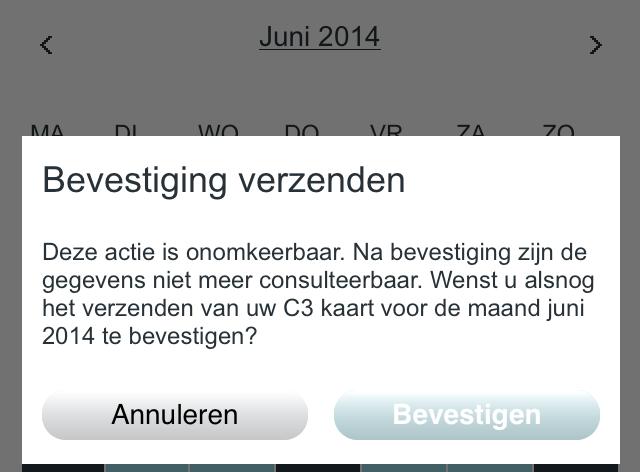 Om uw elektronische C3-kaart door te sturen naar uw uitbetalingsinstelling klikt u op de knop «Verzenden naar» (deze knop activeert zich indien er geen enkele dag geselecteerd is).