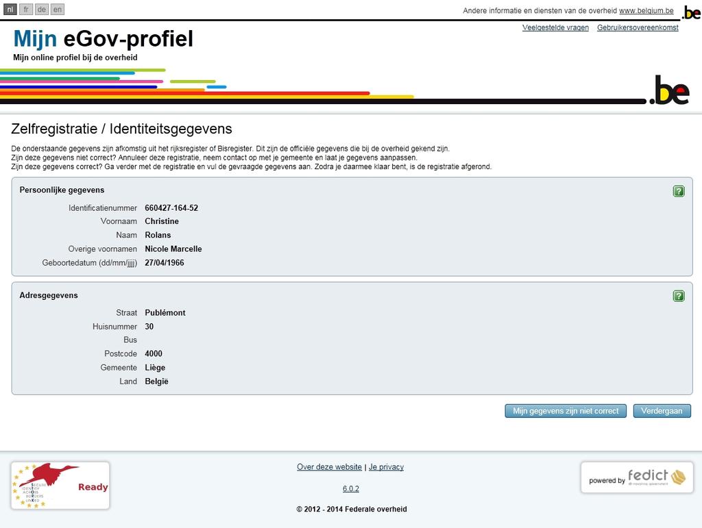 Controleer uw identiteitsgegevens en klik op Mijn gegevens zijn niet correct om ze te wijzigen of op Verdergaan om de