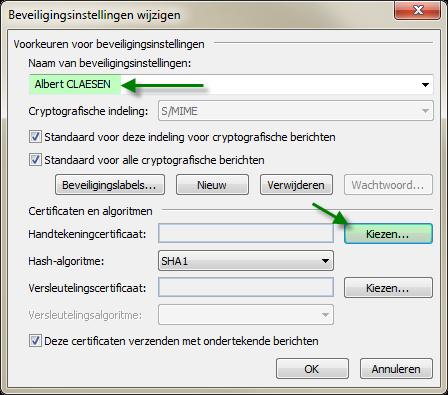 Als je ALLE berichten standaard met een digitale handtekening wilt verzenden, vink dan ook "Digitale handtekening toevoegen aan uitgaande