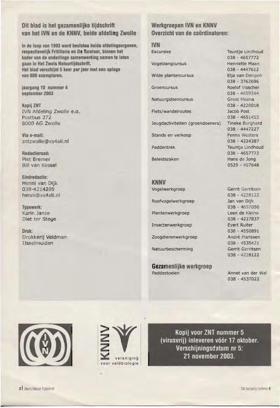 Dit blad is het gezamenlijke tijdschrift van het IVN en de KNNV, beide afdeling Zwolle Werkgroepen IVN en KNNV Overzicht van de coordinatoren: In de loop van 1993 werd beslolen belde