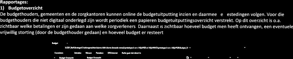 Rapportages: 1) Budgetoverzicht De budgethouders, gemeenten en de zorgkantoren kunnen online de budgetuitputting inzien en daarmee de bestedingen