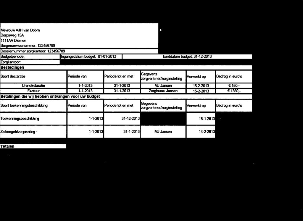 Budgetpeliode: Ingangsdatum budget 01-01-2013 Einddatum budget 31-12-2013 Zorantoor X Bestedingen Soort