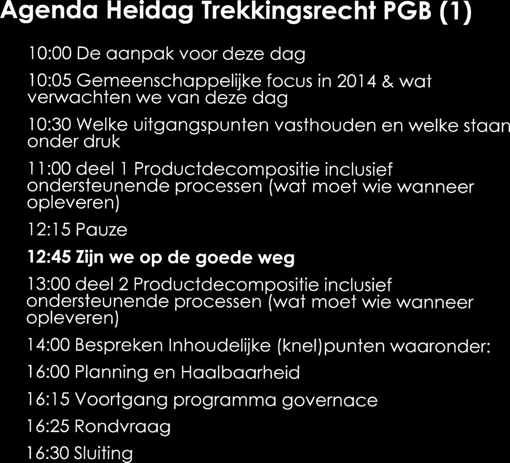 Agenda Heidag Trekkingsrecht PGB (1) 10:00 De aanpak voor deze dag 10:05 Gemeenschappelijke focus in 2014 & wat verwachten we van deze dag 10:30 Welke uitgangspunten vasthouden en welke staan onder