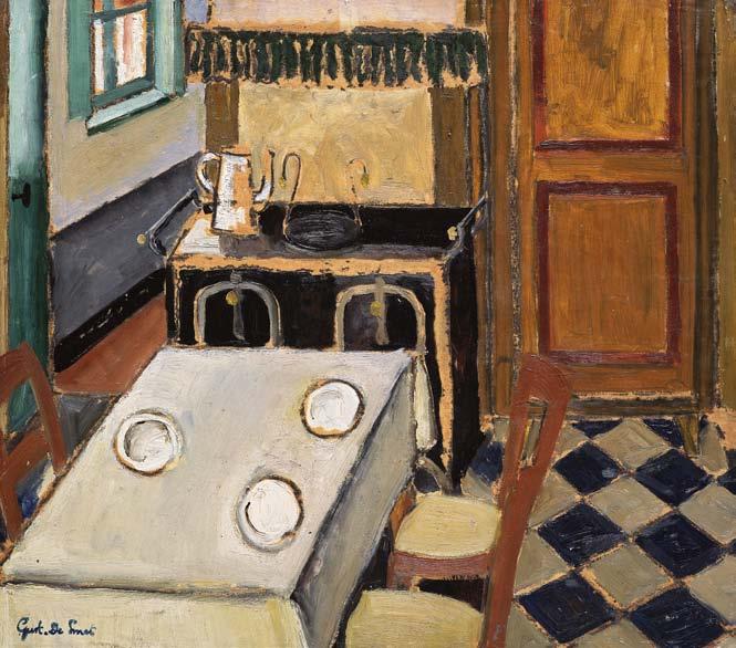In zijn werk De keuken van de kunstenaar schilderde hij een hoek van zijn keuken en legt daarbij vooral de nadruk op de rechthoek van de tafel en de nog lege borden, een discrete verwijzing naar de