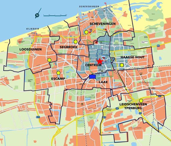 Stadsdelen De stad Den Haag is opgedeeld in acht stadsdelen, welke als volgt zijn te benoemen: - Centrum - Leidschenveen-Ypenburg - Escamp - Loosduinen - Haagse Hout - Scheveningen - Laak - Segbroek