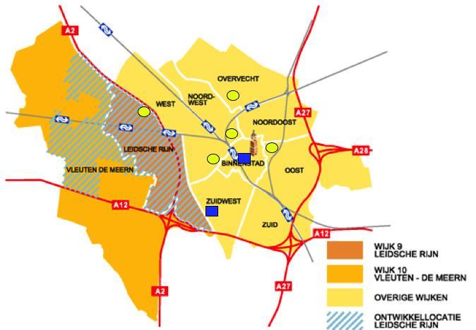 twee kernen weergegeven. Ook in de stad Utrecht zie je dat de kleinere kernen in de overige stadsdelen dicht bij het centrum zijn gevestigd. Legenda: Grootste kern; Concentratie van >200.