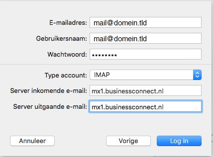 U krijgt ter controle onderstaand scherm te zien. Let er op dat bij Gebruikersnaam ook uw mailadres staat ingevuld.